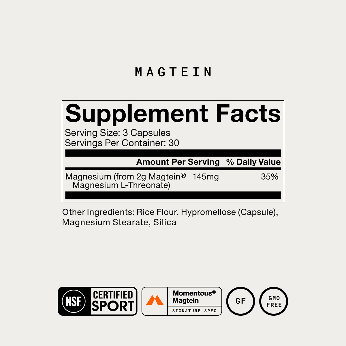 Supplement Facts label for Magtein magnesium capsules showing 145mg per serving with NSF Certified Sport, Momentous, gluten-f