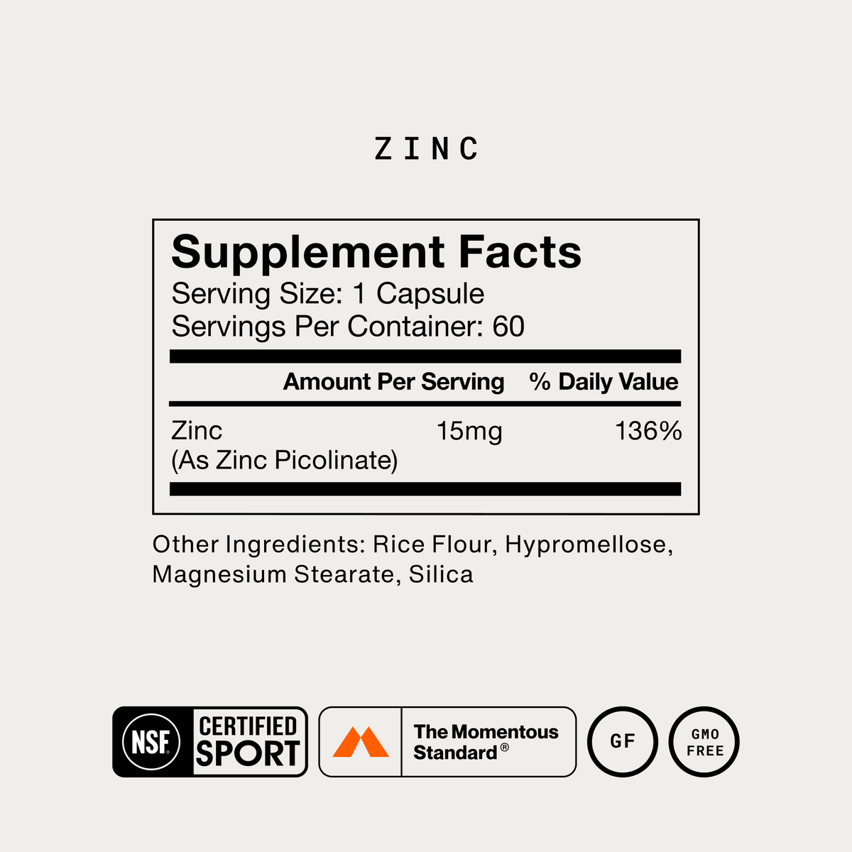 Zinc supplement facts label showing 15mg per capsule, 60 servings per container, with NSF Certified Sport and GMO Free certif
