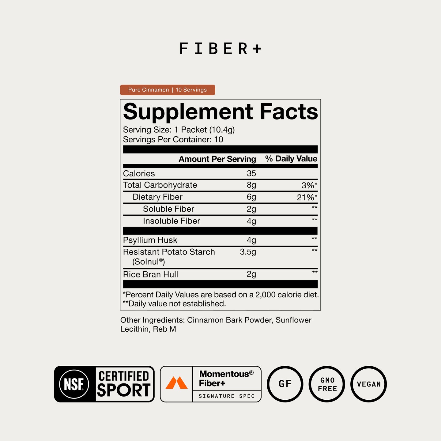 Fiber+ Pure Cinnamon supplement facts label showing 10 servings per container with dietary fiber, psyllium husk, and other in