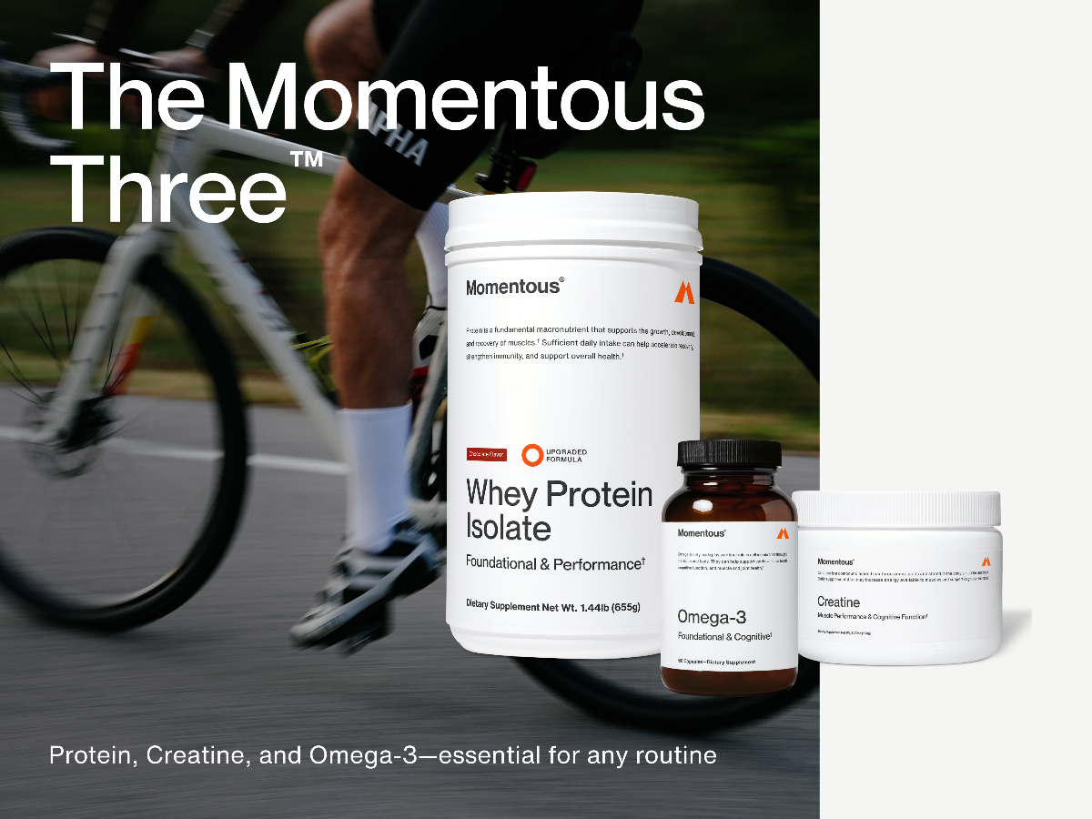 Momentous Whey Protein Isolate, Omega-3, and Creatine supplements displayed in front of a cyclist. Image text reads: ‘The Momentous Three. Protein, Creatine, and Omega-3—essential for any routine.’