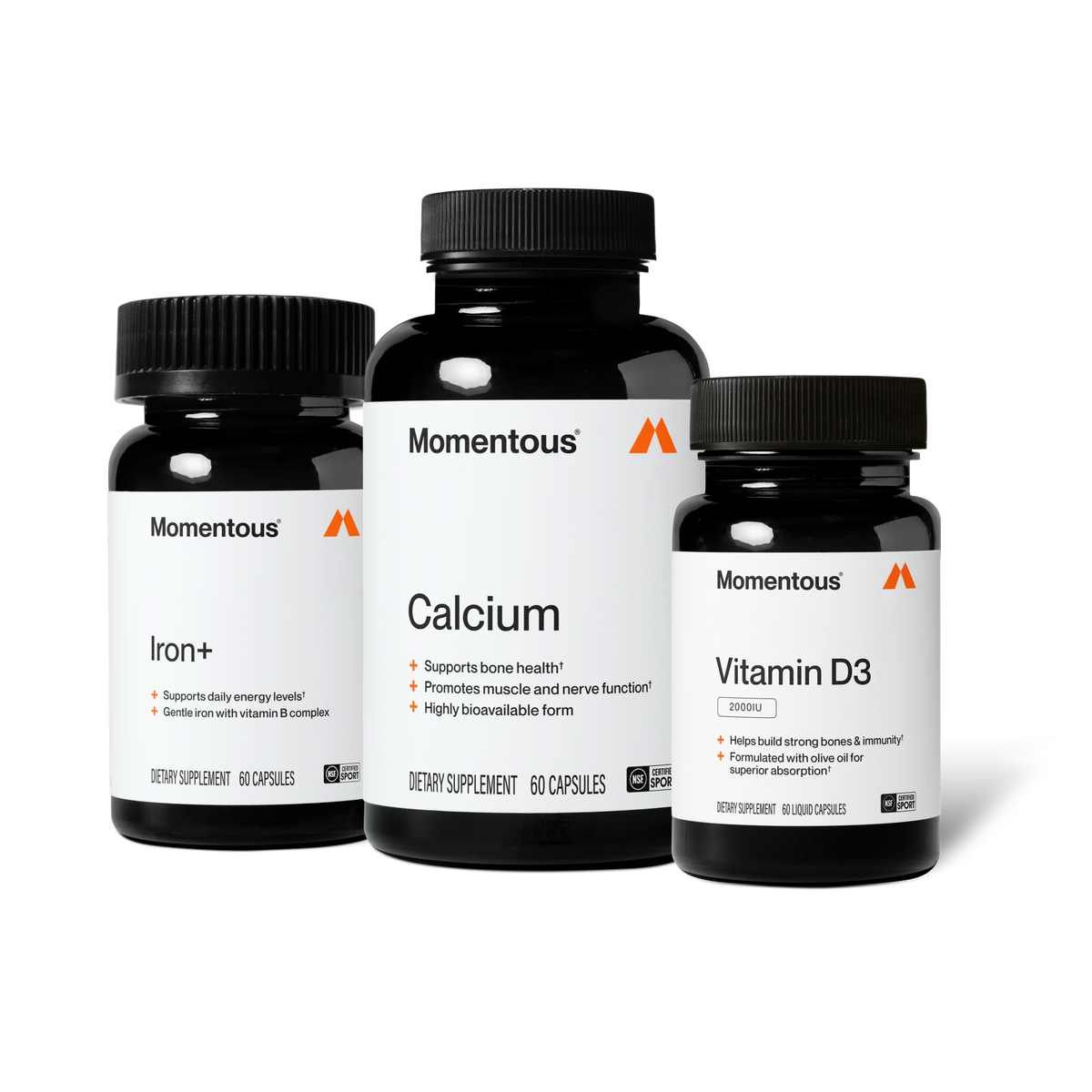 Momentous Vitamin D3 2000IU Supplement Facts, 60 servings, serving size 1 capsule, vitamin D 50mcg 2,000IU as plant-based cholecalciferol D3, other ingredients extra virgin olive oil, hypromellose capsule and candelilla wax, NSF Certified Sport, The Momentous Standard, gluten free, GMO free. (292 chars)