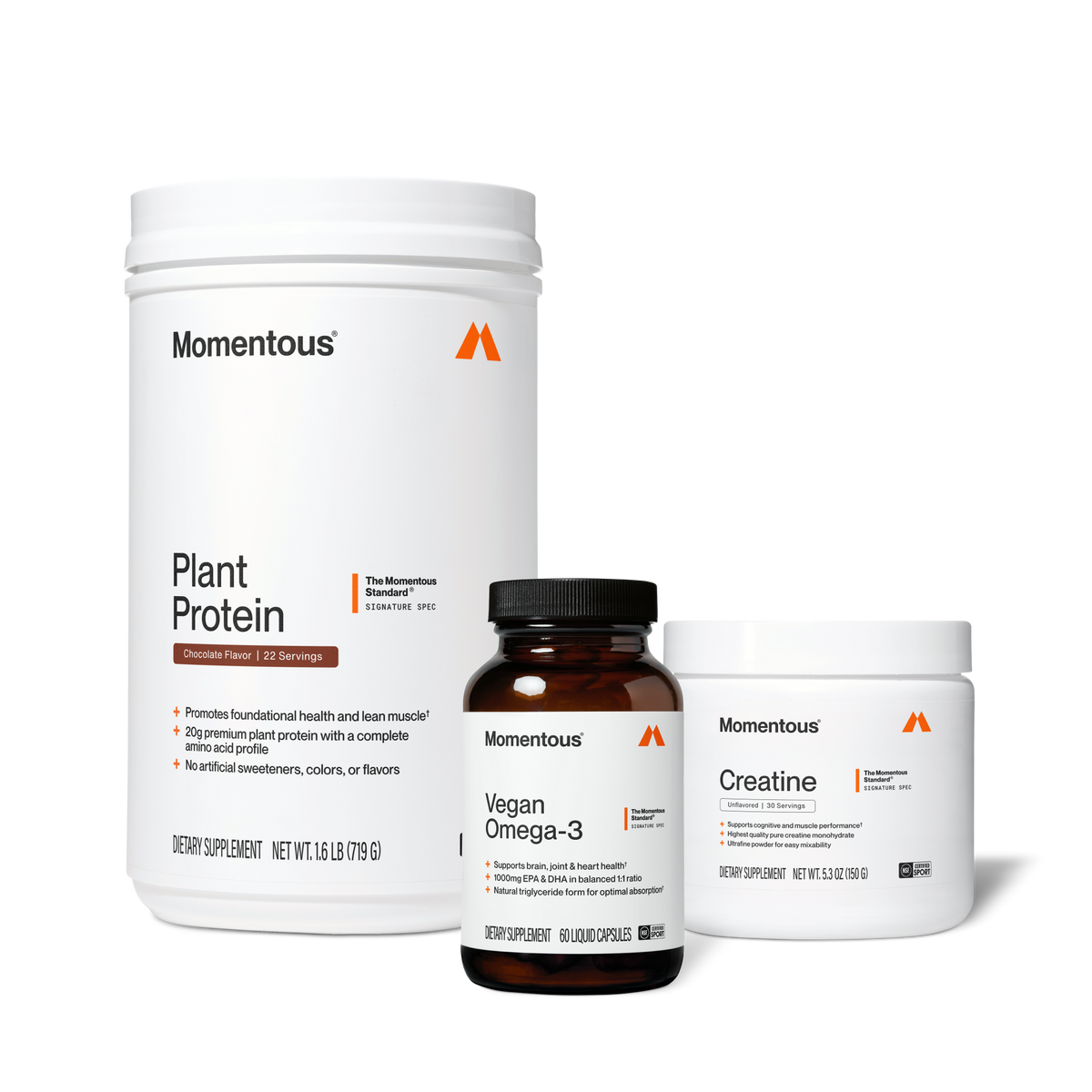 Momentous Plant Protein, Chocolate Flavor, 22 servings, net wt 1.6 LB 719g, promotes foundational health and lean muscle, 20g premium plant protein with a complete amino acid profile, no artificial sweeteners, colors, or flavors, beside Vegan Omega-3, 60 liquid capsules, supports brain, joint and heart health, 1000mg EPA and DHA in a balanced 1 to 1 ratio, natural triglyceride form for optimal absorption, and Creatine unflavored 30 servings 5.3 oz 150g, NSF Certified Sport. (478 chars)