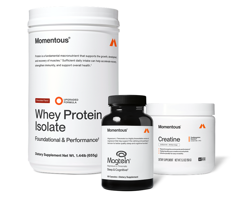 Three Momentous products on black background: Whey Protein Isolate – Chocolate Flavor, Upgraded Formula, Foundational & Performance, 1.44lb (655g); Magtein Magnesium L-Threonate – Sleep & Cognitive, 90 Capsules; Creatine – Signature Spec, Unflavored, 30 Servings, 5.3oz (150g), NSF Certified for Sport.