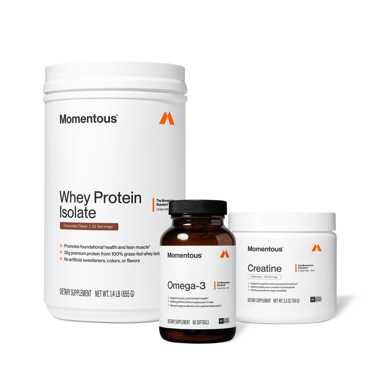 Momentous Whey Protein Isolate Chocolate Flavor, 25 servings, 1.4 LB 655 G, with Omega-3 and Creatine in the TM3 Stack on white: promotes foundational health and lean muscle, 20g premium protein from 100 percent grass-fed whey isolate, no artificial sweeteners, colors, or flavors; Omega-3 supports brain, joint and heart health, 1600mg EPA & DHA in balanced 1:1 ratio, natural triglyceride form, 60 softgels; Creatine Unflavored, 30 servings, 5.3 OZ 150 G, ultrafine powder, NSF Certified Sport. (496 chars)