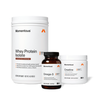 Momentous Whey Protein Isolate Chocolate Flavor, 25 servings, 1.4 LB 655 G, with Omega-3 and Creatine in the TM3 Stack on white: promotes foundational health and lean muscle, 20g premium protein from 100 percent grass-fed whey isolate, no artificial sweeteners, colors, or flavors; Omega-3 supports brain, joint and heart health, 1600mg EPA & DHA in balanced 1:1 ratio, natural triglyceride form, 60 softgels; Creatine Unflavored, 30 servings, 5.3 OZ 150 G, ultrafine powder, NSF Certified Sport. (496 chars)