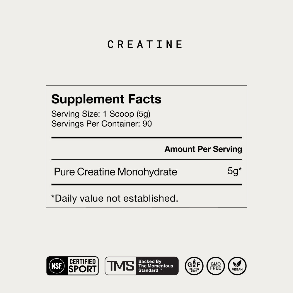 “Creatine Supplement Facts. Serving Size: 1 scoop (5g). Servings Per Container: 90. Amount Per Serving: Pure Creatine Monohydrate 5g. Daily Value not established. NSF Certified for Sport. TMS The Momentous Standard. Gluten Free. GMO Free. Vegan.”