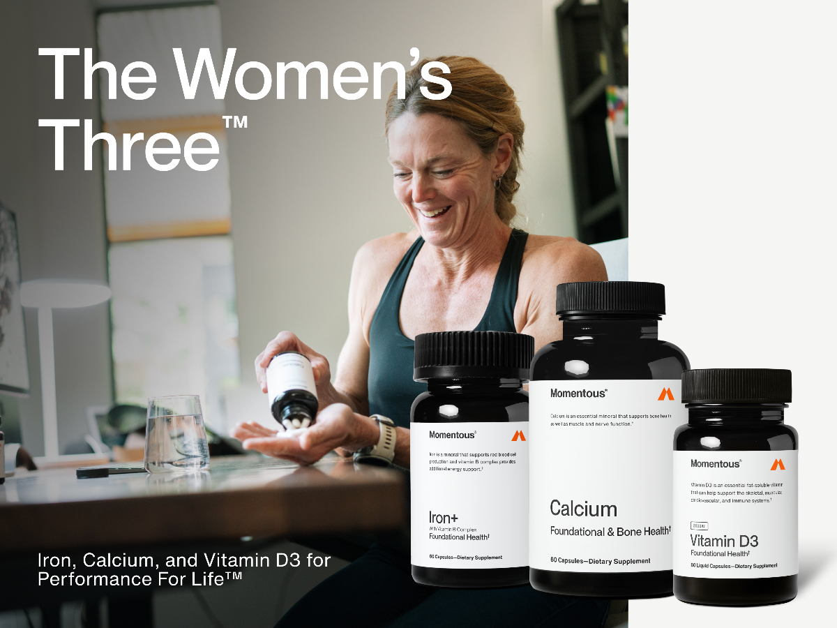 “Momentous Iron+, Calcium, and Vitamin D3 supplements beside a woman taking vitamins. Image text reads: ‘The Women’s Three. Iron, Calcium, and Vitamin D3 for Performance For Life.’”