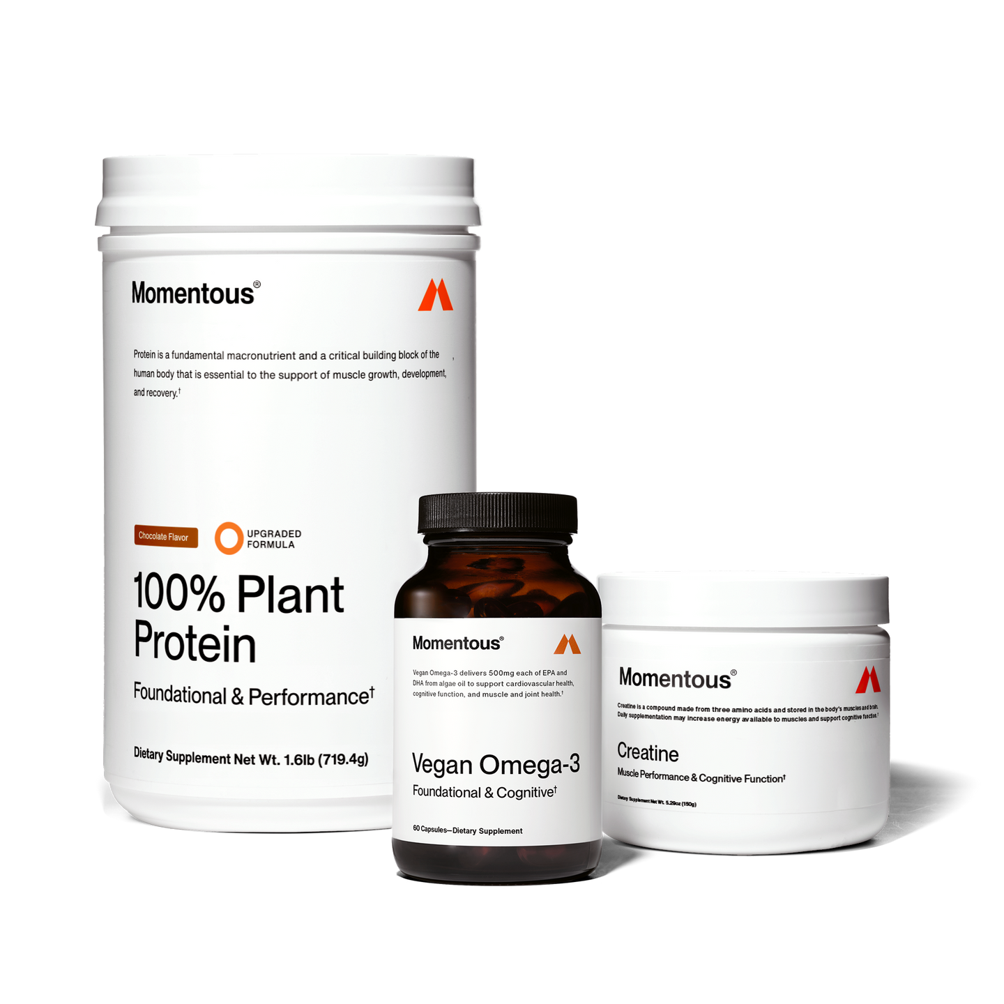The Momentous Three - Vegan with Chocolate Plant protein, Vegan Omega 3, and creatine