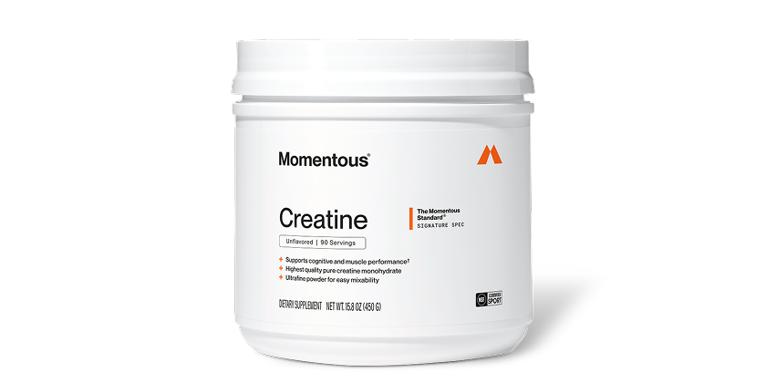 White tub of Momentous Creatine powder. Label reads: Momentous Creatine – The Momentous Standard Signature Spec – Unflavored, 90 Servings – Supports cognitive and muscle performance, Highest quality pure creatine monohydrate, Ultrafine powder for easy mixability – Dietary Supplement, Net Wt. 15.8 oz (450g) – NSF Certified for Sport.