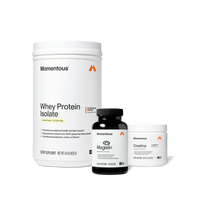 Three Momentous supplement containers: white whey protein isolate powder tub, black Magtein capsule bottle, and white creatin