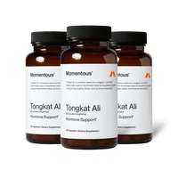 Three amber glass supplement bottles labeled “Momentous Tongkat Ali (Eurycoma longifolia) Hormone Support†.” Text includes: “Tongkat Ali, a common name for Longjack, is an herb traditionally used in Southeast Asia for its potential benefits in supporting healthy libido and hormone metabolism.” Each bottle contains 60 capsules and is labeled “Dietary Supplement.”