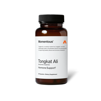 A brown glass bottle of Momentous Tongkat Ali dietary supplement is centered on a black background with a white label. Text on the label reads: “Momentous®” “Tongkat Ali, a common name for Longjack, is an herb traditionally used in Southeast Asia for its potential benefits in supporting healthy libido and hormone metabolism.†” “Tongkat Ali (Eurycoma Longifolia)” “Hormone Support†” “60 Capsules—Dietary Supplement”