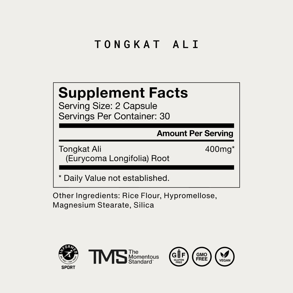 A Supplement Facts panel for Tongkat Ali is shown on a white background. Text on the image reads: “TONGKAT ALI” “Supplement Facts” “Serving Size: 2 Capsule” “Servings Per Container: 30” “Amount Per Serving” “Tongkat Ali (Eurycoma Longifolia) Root 400mg*” “* Daily Value not established.” “Other Ingredients: Rice Flour, Hypromellose, Magnesium Stearate, Silica” Logos shown: “Informed Sport” “TMS The Momentous Standard™” “GF Gluten Free” “GMO Free” “Vegan”