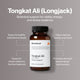 A bottle of Momentous Tongkat Ali appears centered on a light background with benefit callouts around it. Text on the image reads: “Tongkat Ali (Longjack)” “Botanical support for vitality, energy, and stress resilience” “Supports healthy testosterone levels” “Helps improve energy and mood” “Supports stress resilience (cortisol balance)” “Promotes strength, performance, and recovery”.