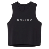 Front view of a black sleeveless athletic tank with “TREND_PROOF” printed across the chest in white lettering with a red underscore.