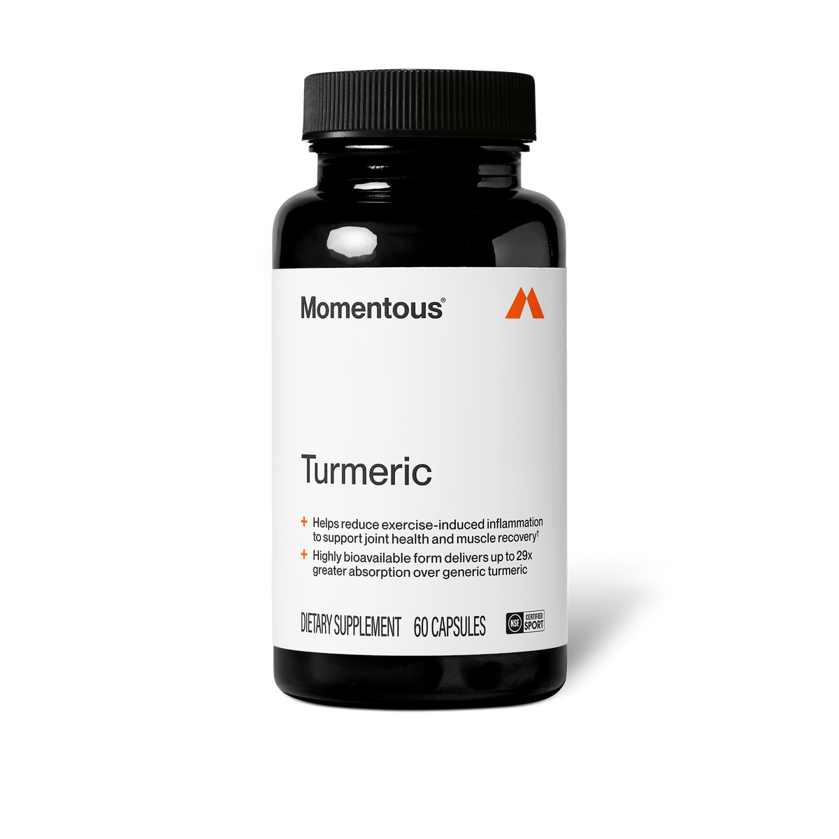 Momentous Turmeric bottle on white, 60 capsules, NSF Certified Sport, helps reduce exercise-induced inflammation to support joint health and muscle recovery, highly bioavailable form delivers up to 29x greater absorption over generic turmeric. (243 chars)