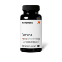 Momentous Turmeric bottle on white, 60 capsules, NSF Certified Sport, helps reduce exercise-induced inflammation to support joint health and muscle recovery, highly bioavailable form delivers up to 29x greater absorption over generic turmeric. (243 chars)