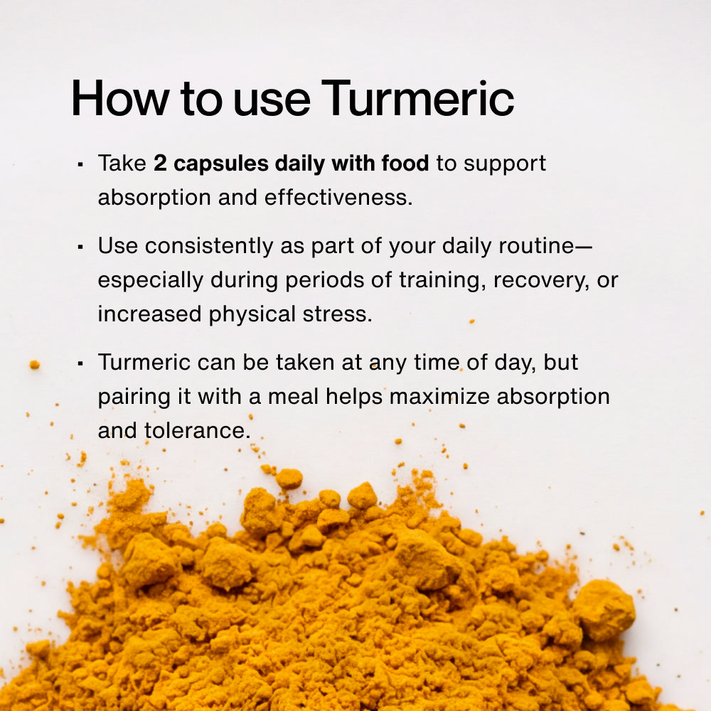 A pile of bright orange turmeric powder sits on a white background beneath instructional text. Text on the image reads: “How to use Turmeric” “• Take 2 capsules daily with food to support absorption and effectiveness.” “• Use consistently as part of your daily routine—especially during periods of training, recovery, or increased physical stress.” “• Turmeric can be taken at any time of day, but pairing it with a meal helps maximize absorption and tolerance.”