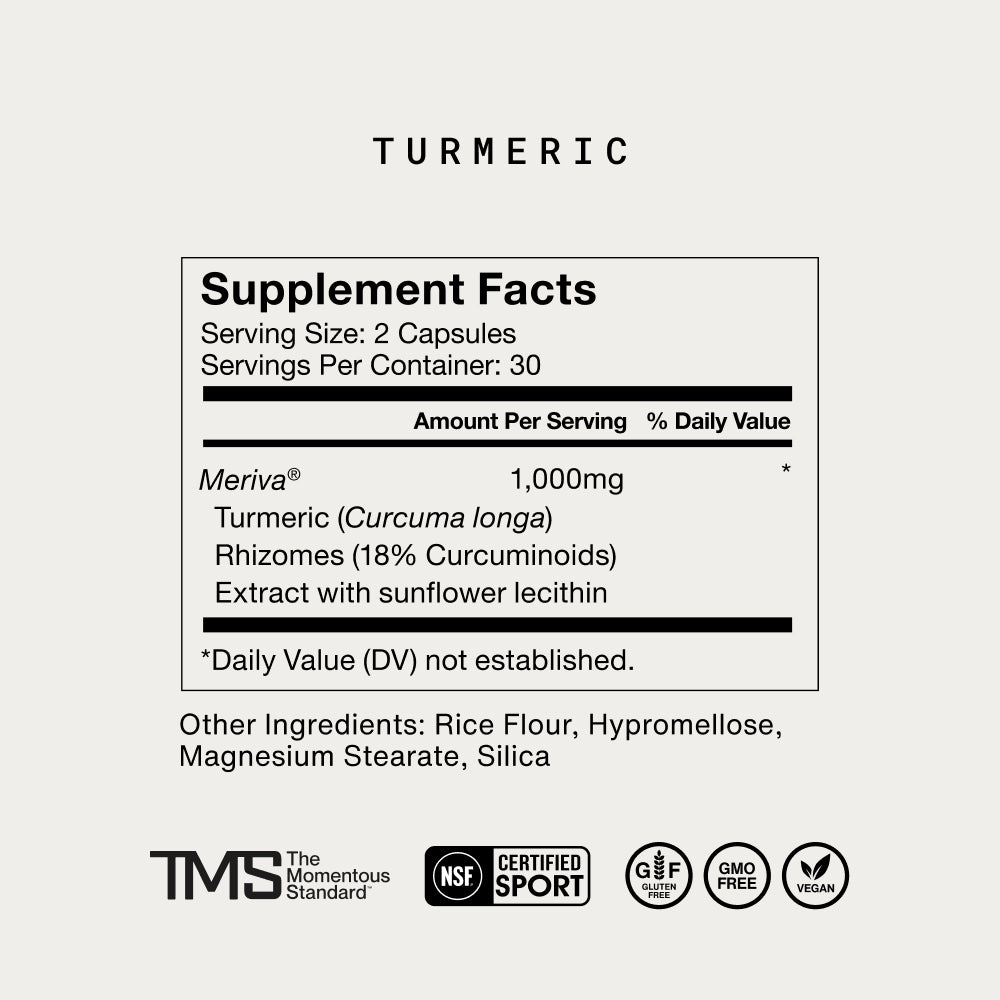 A Supplement Facts panel for Turmeric is displayed on a white background. Text on the image reads: “TURMERIC” “Supplement Facts” “Serving Size: 2 Capsules” “Servings Per Container: 30” “Amount Per Serving % Daily Value” “Meriva® 1,000mg *” “Turmeric (Curcuma longa) Rhizomes (18% Curcuminoids) Extract with sunflower lecithin” “*Daily Value (DV) not established.” “Other Ingredients: Rice Flour, Hypromellose, Magnesium Stearate, Silica” Logos shown: “TMS The Momentous Standard™” “NSF Certified Sport” “GF Glute