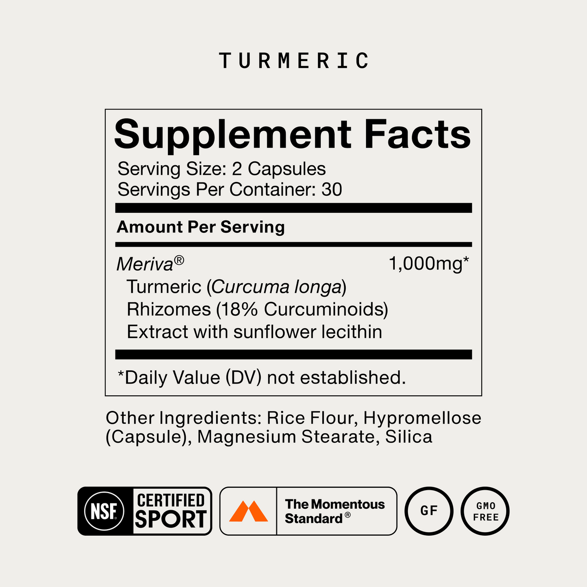 Momentous Turmeric Supplement Facts, 30 servings, serving size 2 capsules, Meriva 1,000mg, turmeric Curcuma longa rhizomes standardized to 18 percent curcuminoids, extract with sunflower lecithin, other ingredients rice flour, hypromellose capsule, magnesium stearate and silica, NSF Certified Sport, The Momentous Standard, gluten free, GMO free. (347 chars)