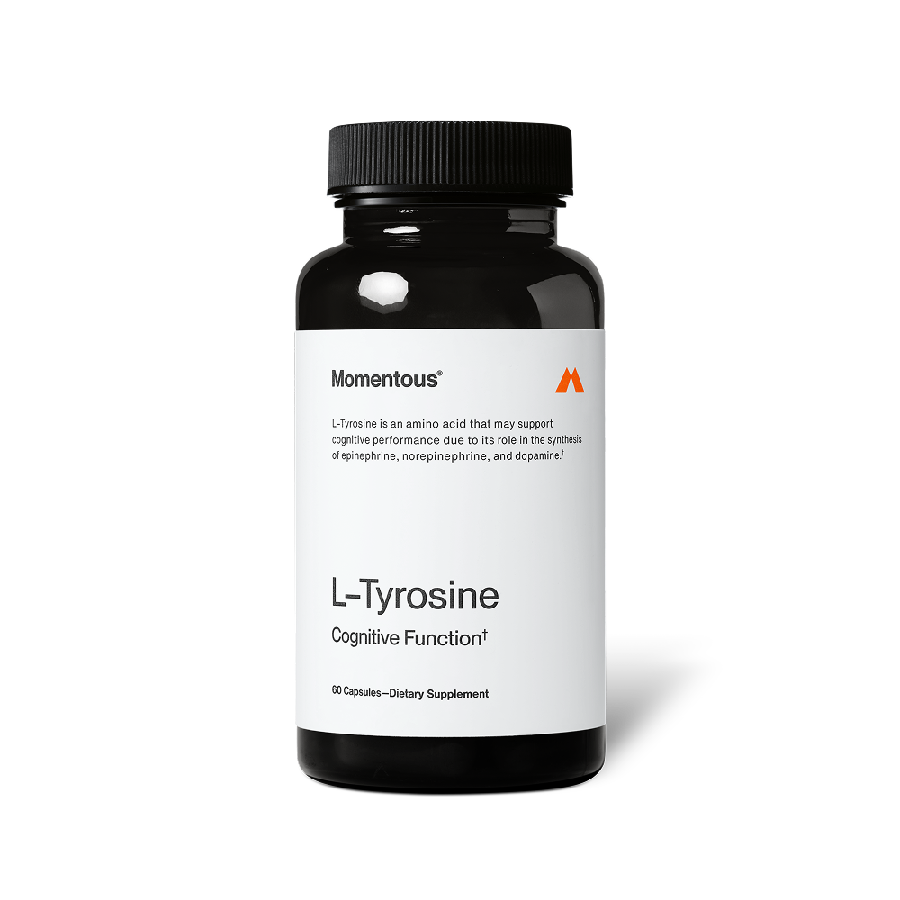 Black bottle labeled “Momentous L-Tyrosine Cognitive Function†.” Text reads: “L-Tyrosine is an amino acid that may support cognitive performance due to its role in the synthesis of epinephrine, norepinephrine, and dopamine.” Contains 60 capsules and labeled “Dietary Supplement.”