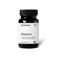 Product photo of a black Momentous Ubiquinol bottle on a plain black background. Label: Momentous, Ubiquinol, Active form of Coenzyme Q10 (CoQ10), Supports energy at the cellular level, Dietary Supplement, 30 Softgels, with NSF Certified Sport badge.