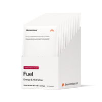 White plastic container labeled “Momentous Fuel – Carbohydrates & Electrolytes” in Cherry Berry flavor. Text states that Fuel is a comprehensive formula of carbohydrates and electrolytes that provides sustained energy and hydration during training. Net weight: 11.6 oz (330 g).
