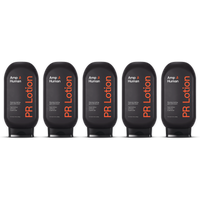 Five black Amp Human PR Lotion bottles displayed side by side on a transparent background. Each bottle label reads: “Amp Human®,” “PR Lotion®,” “Sports lotion with bicarb,” and “10–15 Uses 10.6 oz (300g).”