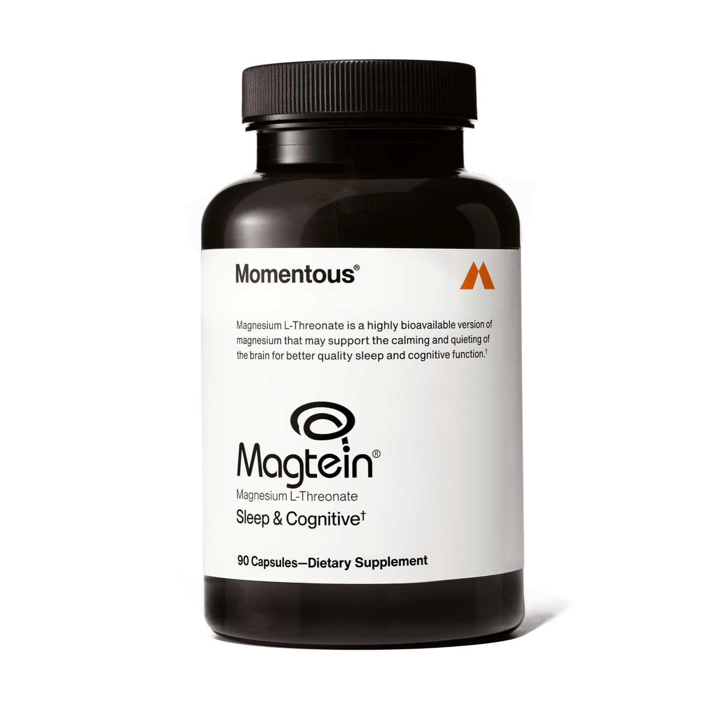 Momentous Magtein Magnesium L-Threonate supplement bottle for sleep and cognitive support, containing 90 capsules.