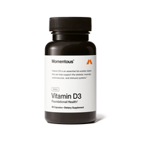 Black bottle of Momentous Vitamin D3 5000 IU, 60 capsules.