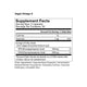 Supplement Facts label for Vegan Omega-3 dietary supplement. Serving size: 2 capsules; servings per container: 30. Amount per serving: 15 calories, 1.5 g total fat (2% daily value). Contains Omega-3 fatty acids from algae oil (Schizochytrium sp.): EPA (Eicosapentaenoic Acid) 500 mg, DHA (Docosahexaenoic Acid) 500 mg; daily value not established for these. Other ingredients: hypromellose (capsule), antioxidants (natural mixed tocopherols, rosemary extract, ascorbyl palmitate), candelilla wax. Percent daily v