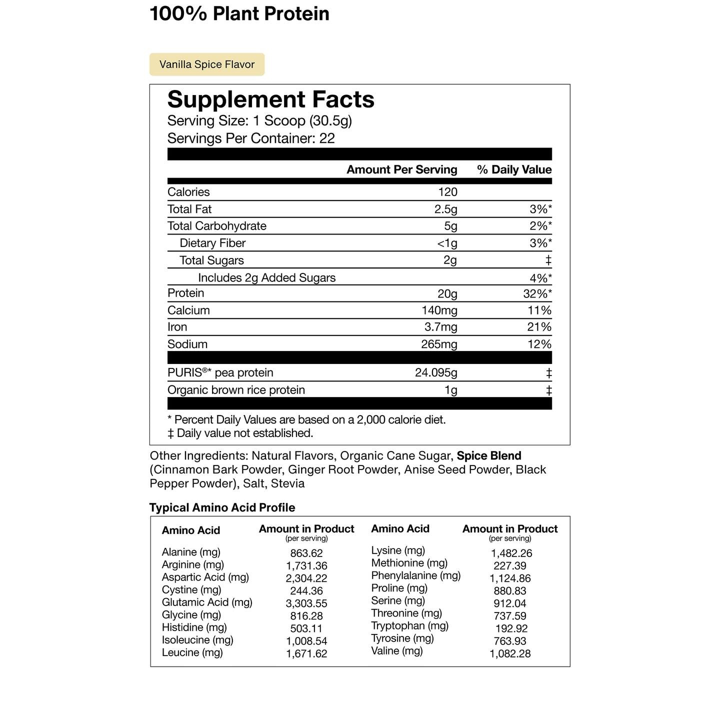 100% plant protein Powder supplement fact, Vanilla Spice