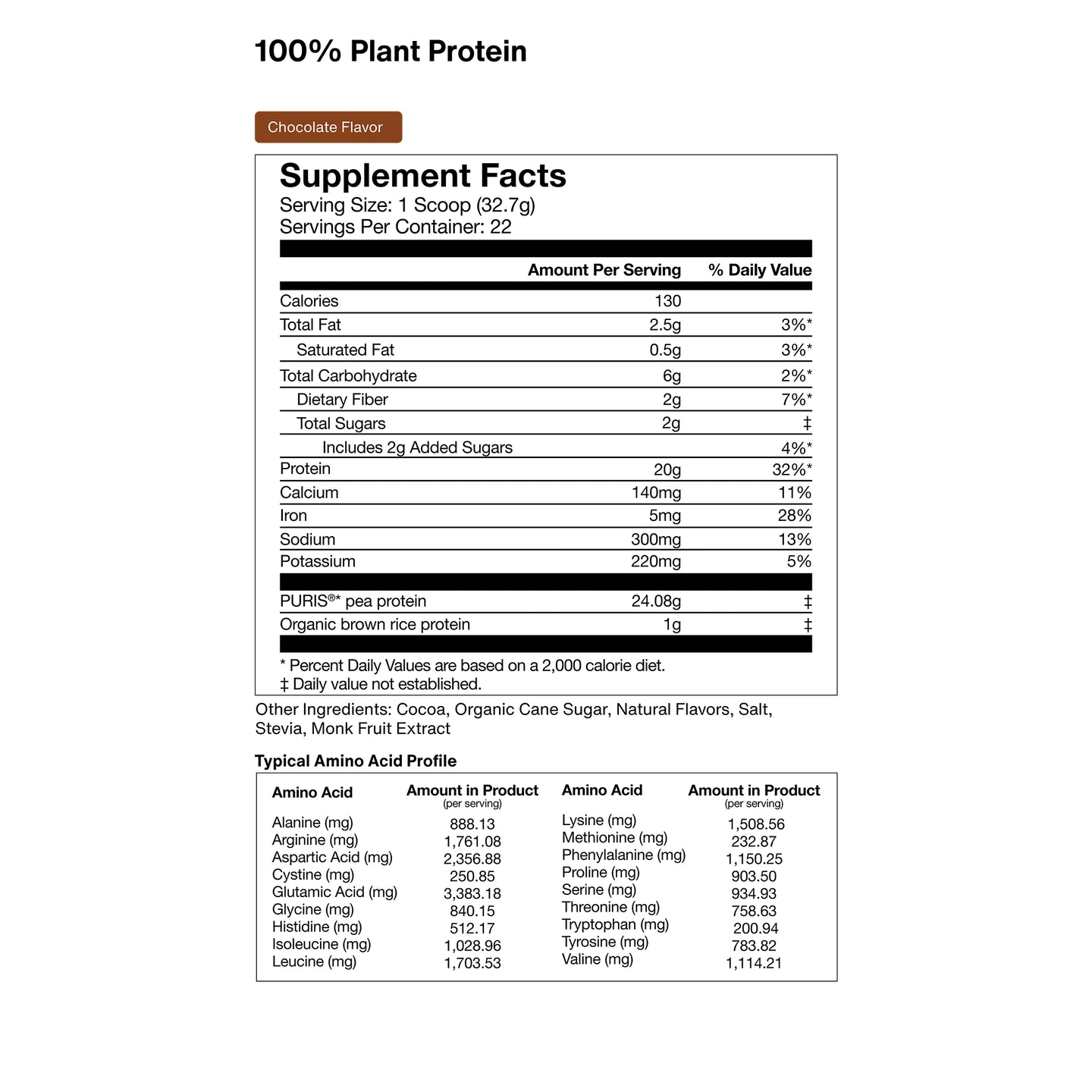 100% plant protein Powder supplement fact, Chocolate