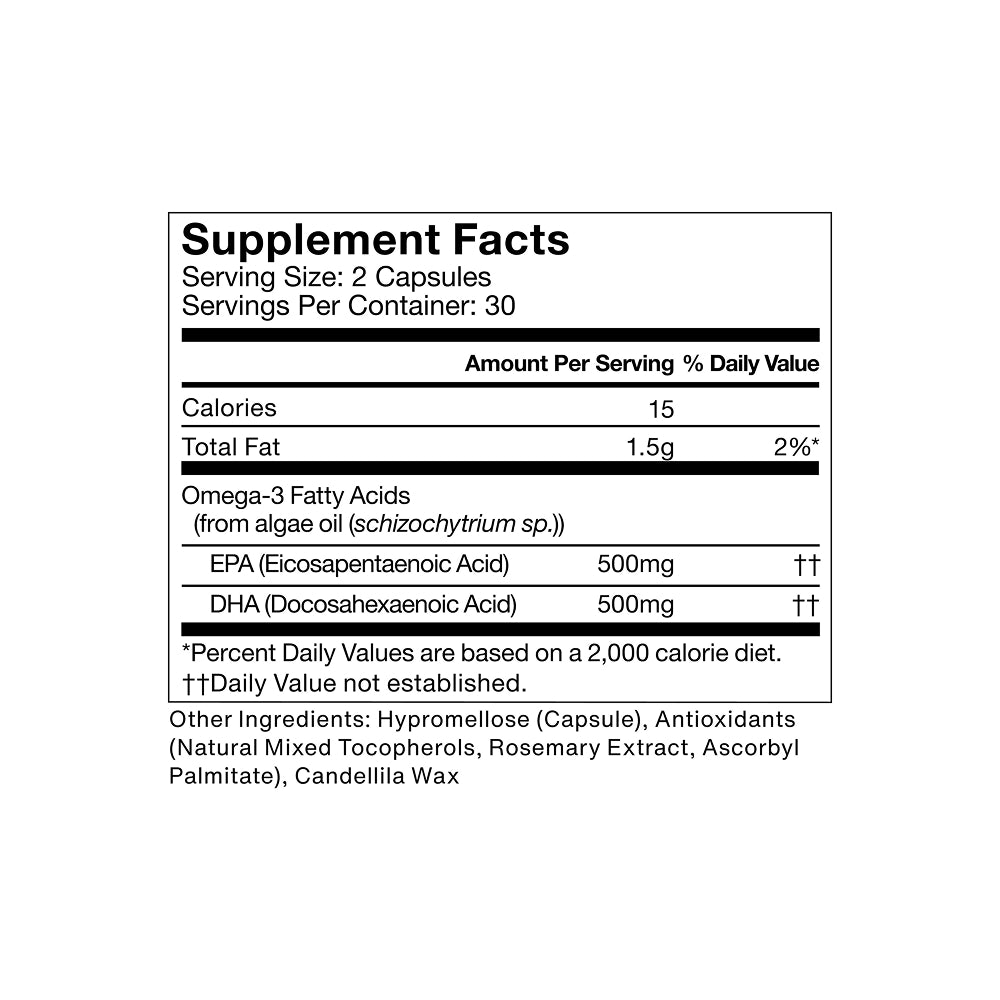 Supplement Facts label for a dietary supplement. Serving size: 2 capsules; servings per container: 30. Amount per serving: 15 calories, 1.5 g total fat (2% daily value). Contains Omega-3 fatty acids from algae oil (Schizochytrium sp.): EPA (Eicosapentaenoic Acid) 500 mg, DHA (Docosahexaenoic Acid) 500 mg; daily value not established for these. Other ingredients: hypromellose (capsule), antioxidants (natural mixed tocopherols, rosemary extract, ascorbyl palmitate), candelilla wax. Percent daily values based