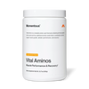White container labeled “Momentous Vital Aminos – Muscle Performance & Recovery†.” Text notes it is a complete amino acid formula containing all nine essential amino acids plus four additional amino acids to support muscle growth, athletic performance, and recovery. Tropical Punch flavor. Net weight 12.17 oz (345 g).