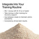 Powder mound with text: “Integrate Into Your Training Routine: Mix 1 scoop with 8–10 oz of water. Take during or after training for recovery support. Use between meals to maintain amino availability. Consistency drives best results.”