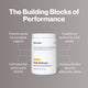 Container with callouts and text: “The Building Blocks of Performance. 13 amino acids for complete support. 4 additional aminos for a full profile. All 9 essential amino acids (EAAs). Includes BCAAs (leucine, isoleucine, valine).”