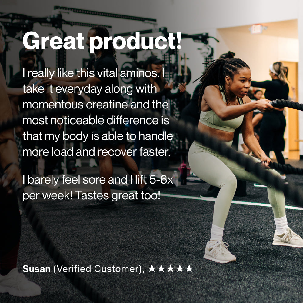 Woman exercising with battle ropes in a gym. Text reads: “Great product! I really like this vital aminos. I take it everyday along with momentous creatine and the most noticeable difference is that my body is able to handle more load and recover faster. I barely feel sore and I lift 5–6x per week! Tastes great too! Susan (Verified Customer), five stars.”