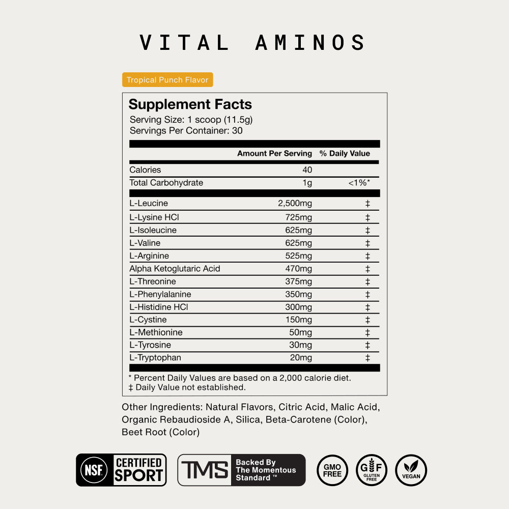 Label titled “Vital Aminos Supplement Facts.” Serving Size: 1 scoop (11.5 g). Servings Per Container: 30. Calories: 40. Total Carbohydrate: 1 g (<1%). Amino acids per serving include: L-Leucine 2,500 mg; L-Lysine HCl 725 mg; L-Isoleucine 625 mg; L-Valine 625 mg; L-Arginine 525 mg; Alpha Ketoglutaric Acid 470 mg; L-Threonine 375 mg; L-Phenylalanine 350 mg; L-Histidine HCl 300 mg; L-Cystine 150 mg; L-Methionine 50 mg; L-Tyrosine 30 mg; L-Tryptophan 20 mg. Other ingredients: Natural flavors, citric acid, malic