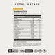 Label titled “Vital Aminos Supplement Facts.” Serving Size: 1 scoop (11.5 g). Servings Per Container: 30. Calories: 40. Total Carbohydrate: 1 g (<1%). Amino acids per serving include: L-Leucine 2,500 mg; L-Lysine HCl 725 mg; L-Isoleucine 625 mg; L-Valine 625 mg; L-Arginine 525 mg; Alpha Ketoglutaric Acid 470 mg; L-Threonine 375 mg; L-Phenylalanine 350 mg; L-Histidine HCl 300 mg; L-Cystine 150 mg; L-Methionine 50 mg; L-Tyrosine 30 mg; L-Tryptophan 20 mg. Other ingredients: Natural flavors, citric acid, malic