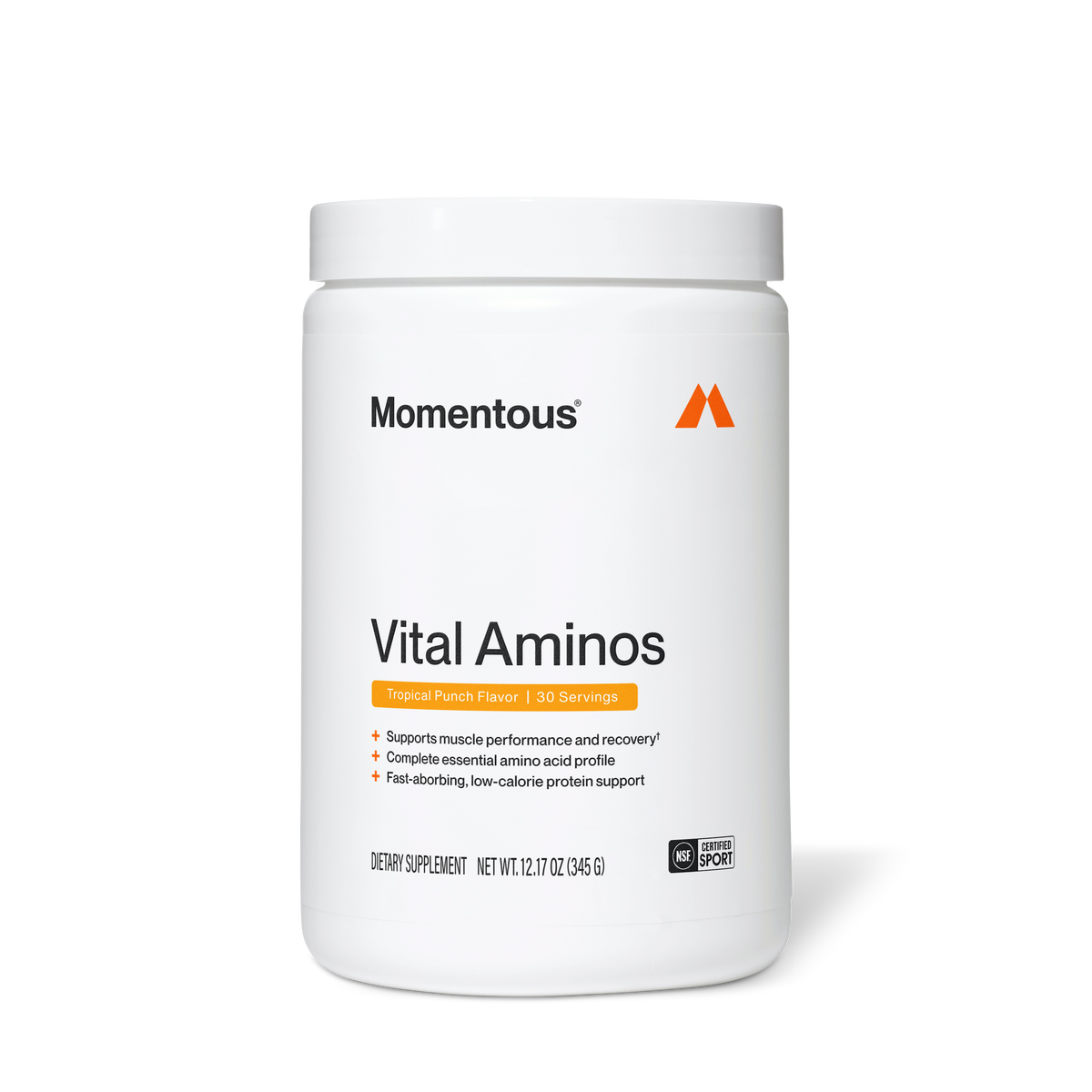 Momentous Vital Aminos tub, Tropical Punch flavor, 30 servings, 12.17 oz (345 g), on a white background. Label reads supports muscle performance and recovery, complete essential amino acid profile, fast-absorbing low-calorie protein support. Dietary supplement, NSF Certified for Sport. (283 chars)