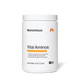 Momentous Vital Aminos tub, Tropical Punch flavor, 30 servings, 12.17 oz (345 g), on a white background. Label reads supports muscle performance and recovery, complete essential amino acid profile, fast-absorbing low-calorie protein support. Dietary supplement, NSF Certified for Sport. (283 chars)