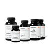 Group product shot of five Momentous dark amber supplement bottles with black caps. Labels read: 