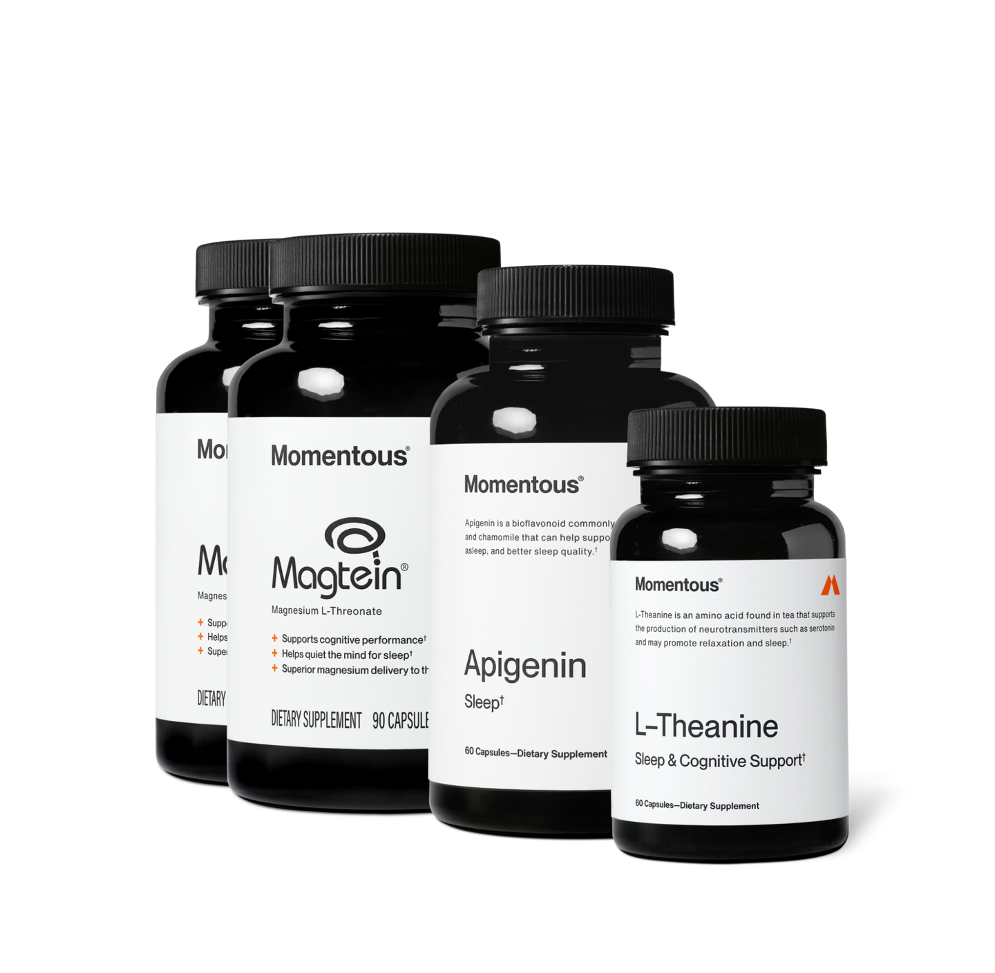 Group product shot of four Momentous dark amber supplement bottles with black caps. Labels read: two 