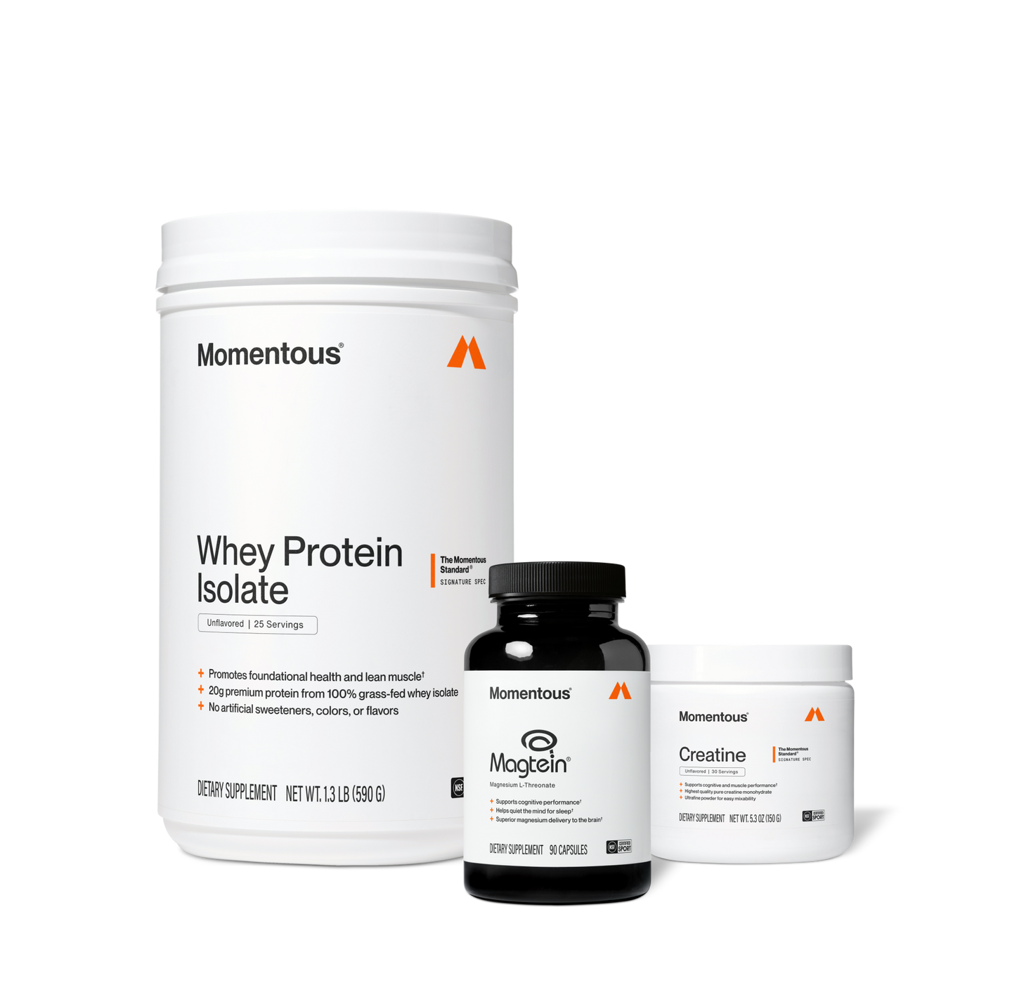 Group product shot of three Momentous supplements: a large white 