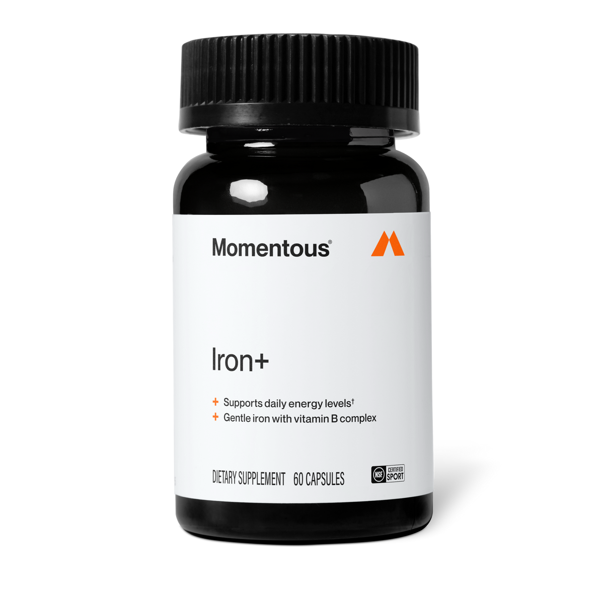Momentous Iron+ — Supports daily energy levels. Gentle iron with vitamin B complex. Dietary Supplement, 60 Capsules. NSF Certified Sport.