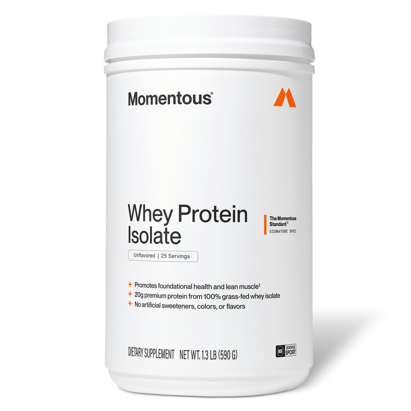 White cylindrical jar of Momentous Whey Protein Isolate, Unflavored, 25 Servings. Label features the Momentous logo and orange mountain icon at the top. An orange vertical bar with the text 
