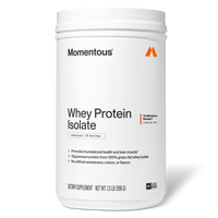 White cylindrical jar of Momentous Whey Protein Isolate, Unflavored, 25 Servings. Label features the Momentous logo and orange mountain icon at the top. An orange vertical bar with the text 