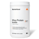 White cylindrical jar of Momentous Whey Protein Isolate, Unflavored, 25 Servings. Label features the Momentous logo and orange mountain icon at the top. An orange vertical bar with the text 