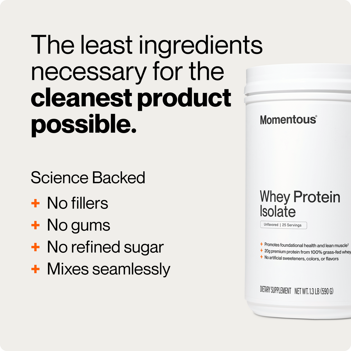Momentous Whey Protein Isolate tub, Unflavored, 25 servings, 1.3lb 590g, headline The least ingredients necessary for the cleanest product possible, Science Backed: no fillers, no gums, no refined sugar, mixes seamlessly, promotes foundational health and lean muscle, 20g premium protein from 100 percent grass-fed whey, no artificial sweeteners, colors, or flavors. (362 chars)